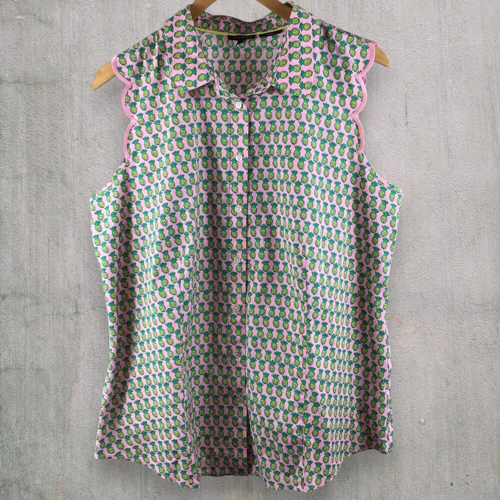 Talbots Non-Iron Sleeveless Shirt Pink Pineapple Scalloped Trim Blouse Size 14 - Picture 2 of 5